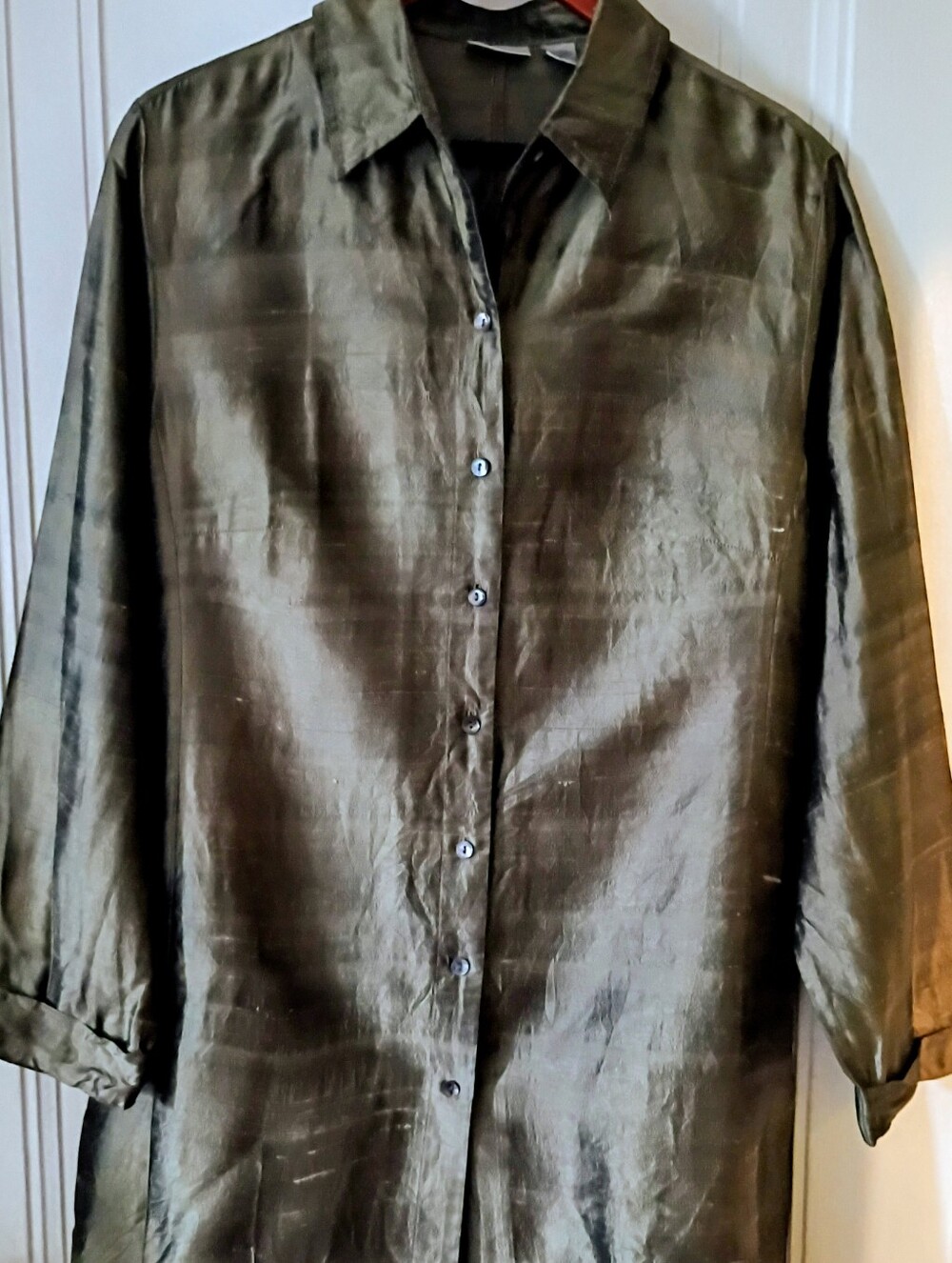 Chico's women's Olive Shiny Button-Down Shirt